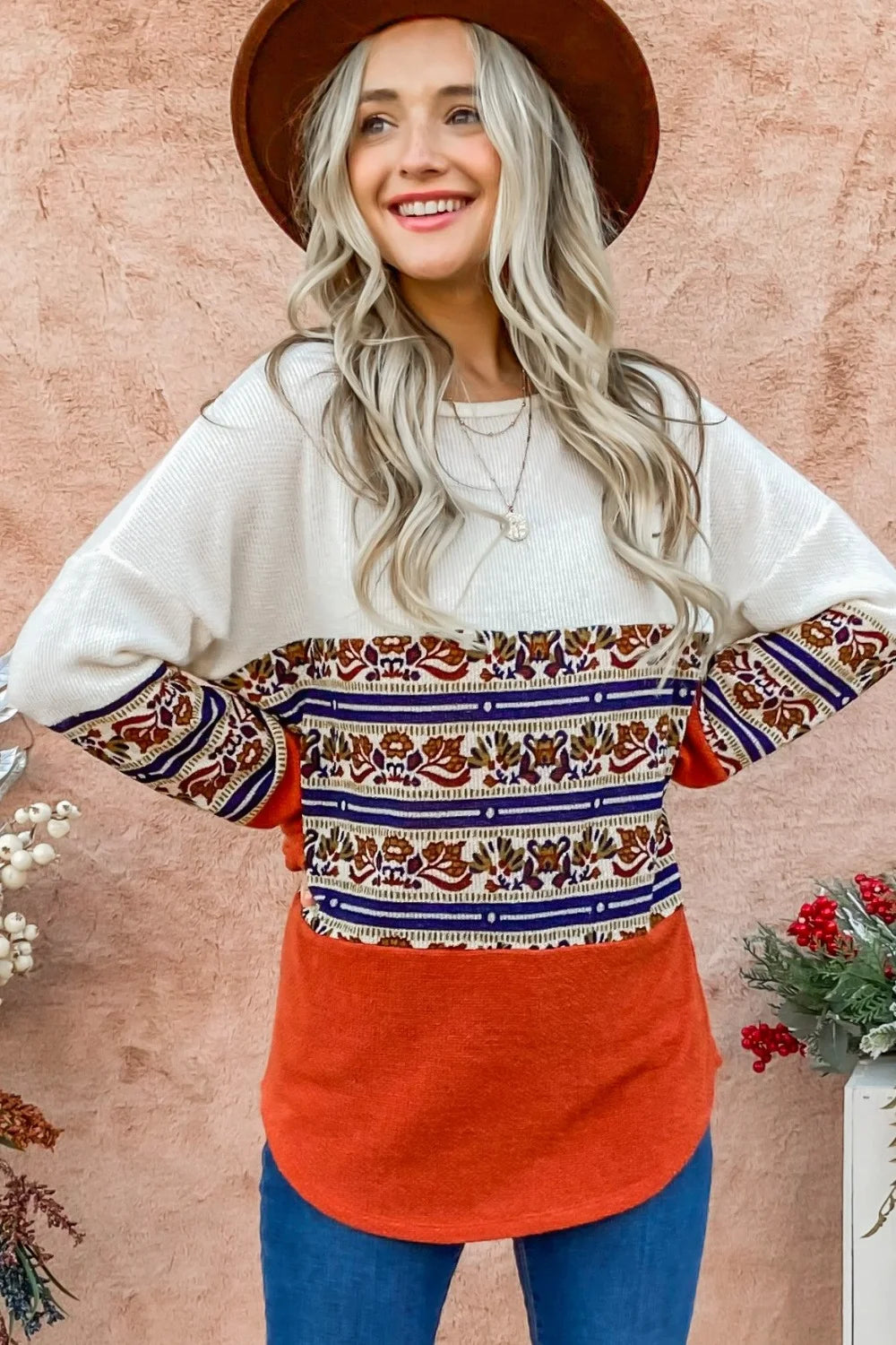 And The Why Ethnic Print Color Block Top - Rust / S