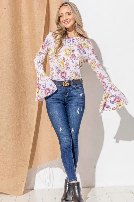 And The Why Floral Printed Bell Sleeve Casual Top - MUSTARD MAUVE / S