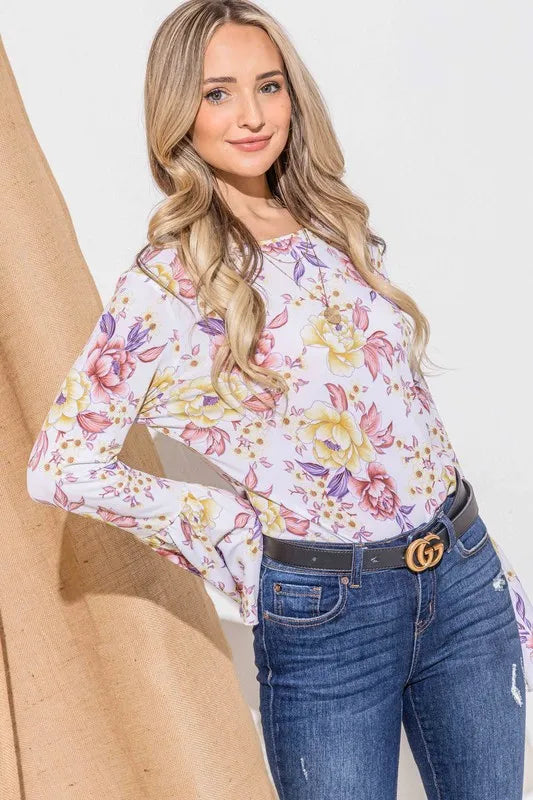 And The Why Floral Printed Bell Sleeve Casual Top - MUSTARD MAUVE / S