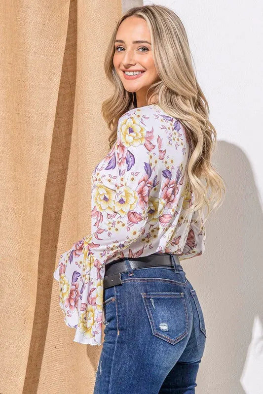 And The Why Floral Printed Bell Sleeve Casual Top - MUSTARD MAUVE / S