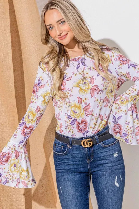 And The Why Floral Printed Bell Sleeve Casual Top - MUSTARD MAUVE / S