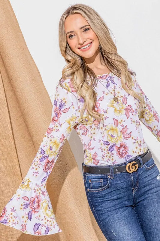 And The Why Floral Printed Bell Sleeve Casual Top - MUSTARD MAUVE / S
