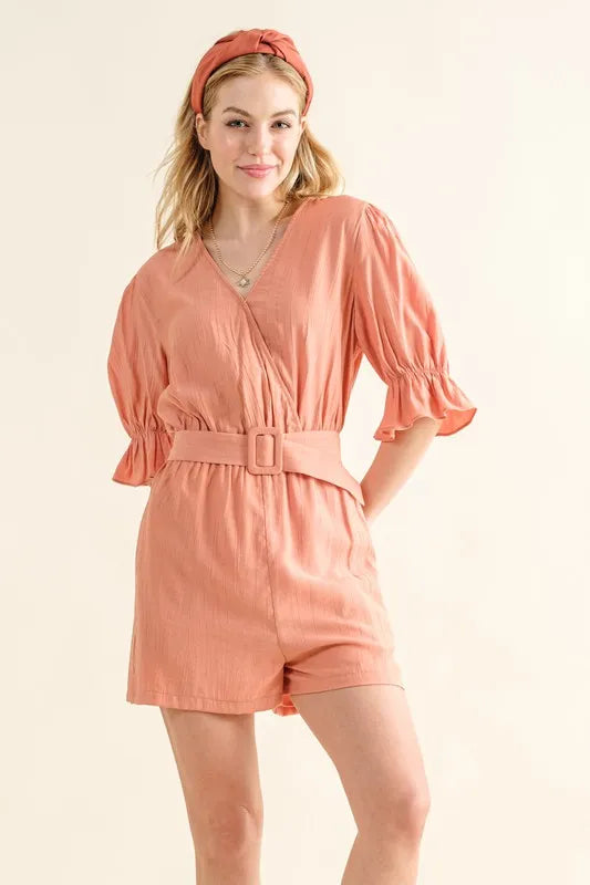 And The Why Flounce Sleeves Romper with Belt - DUSTY CLAY / S