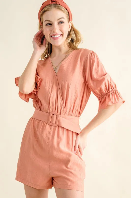 And The Why Flounce Sleeves Romper with Belt - DUSTY CLAY / S