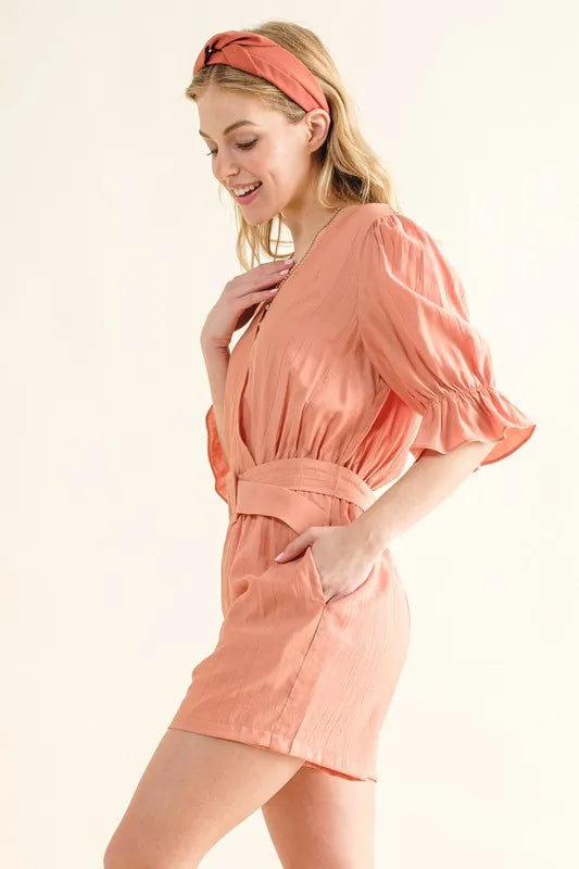 And The Why Flounce Sleeves Romper with Belt - DUSTY CLAY / S