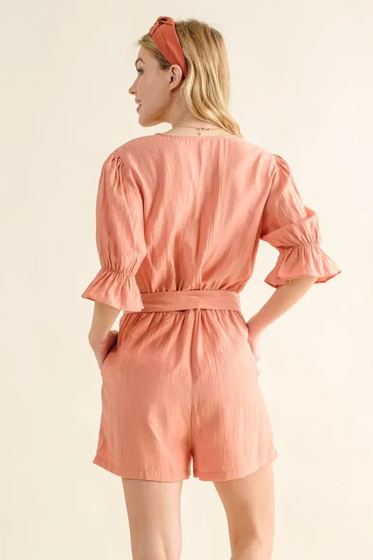 And The Why Flounce Sleeves Romper with Belt - DUSTY CLAY / S