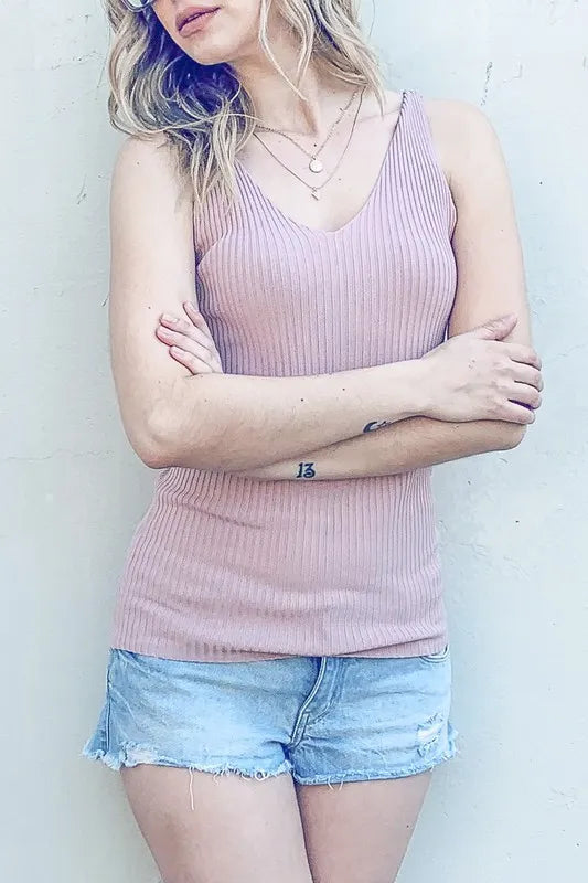 And The Why Ribbed Knit Slim Tank - Mauve / S/M