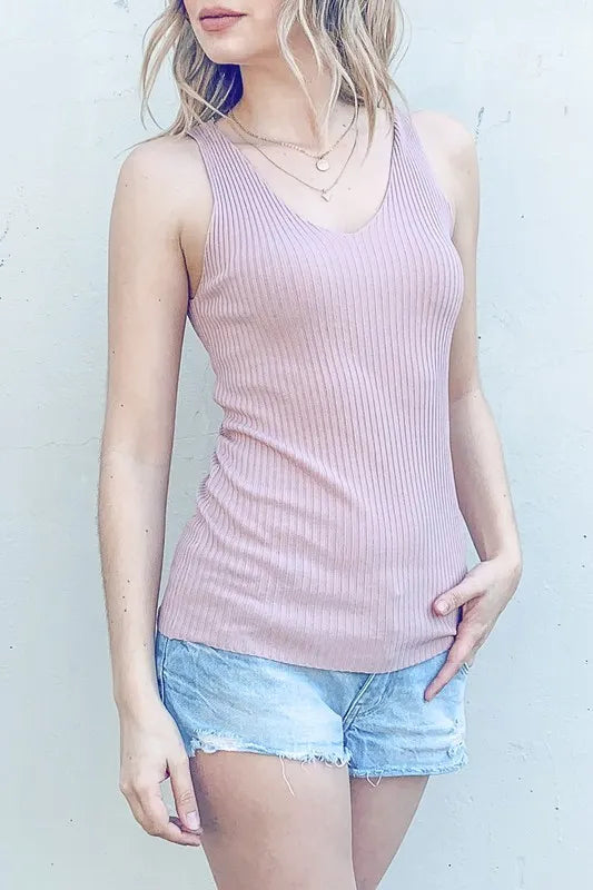 And The Why Ribbed Knit Slim Tank - Mauve / S/M
