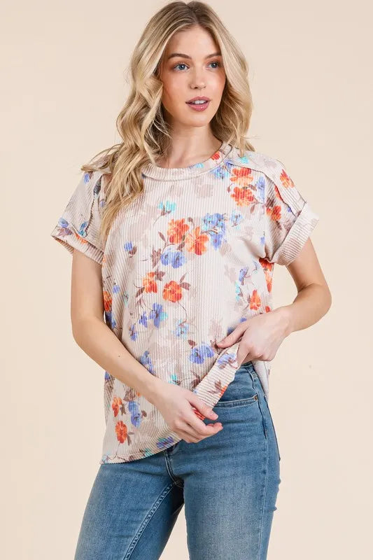 BOMBOM Floral Round Neck RIbbed T-Shirt - Floral / S