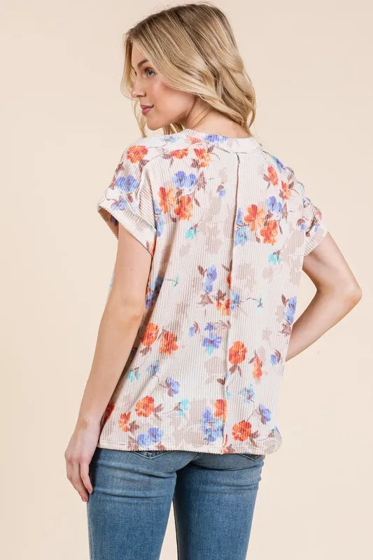 BOMBOM Floral Round Neck RIbbed T-Shirt - Floral / S