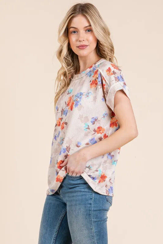 BOMBOM Floral Round Neck RIbbed T-Shirt - Floral / S