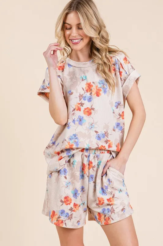 BOMBOM Floral Round Neck RIbbed T-Shirt - Floral / S