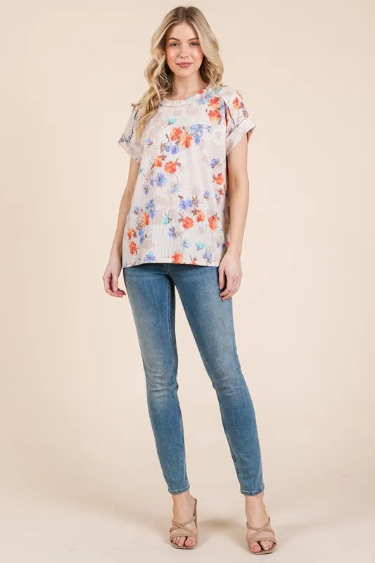 BOMBOM Floral Round Neck RIbbed T-Shirt - Floral / S