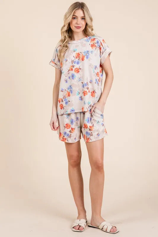 BOMBOM Floral Round Neck RIbbed T-Shirt - Floral / S