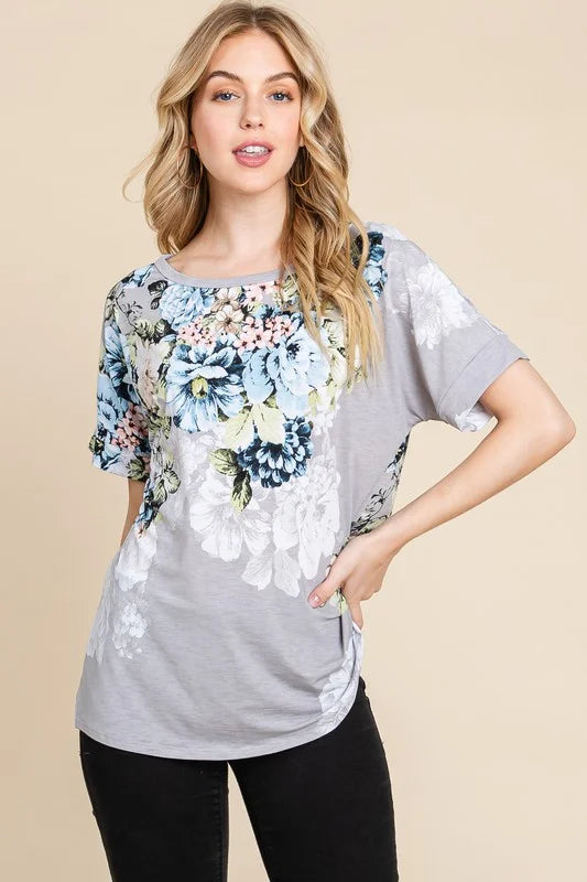 BOMBOM Floral Round Neck Short Sleeve T-Shirt - Light Gray / S