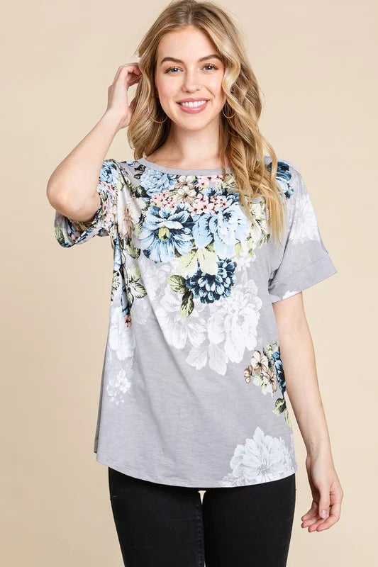 BOMBOM Floral Round Neck Short Sleeve T-Shirt - Light Gray / S