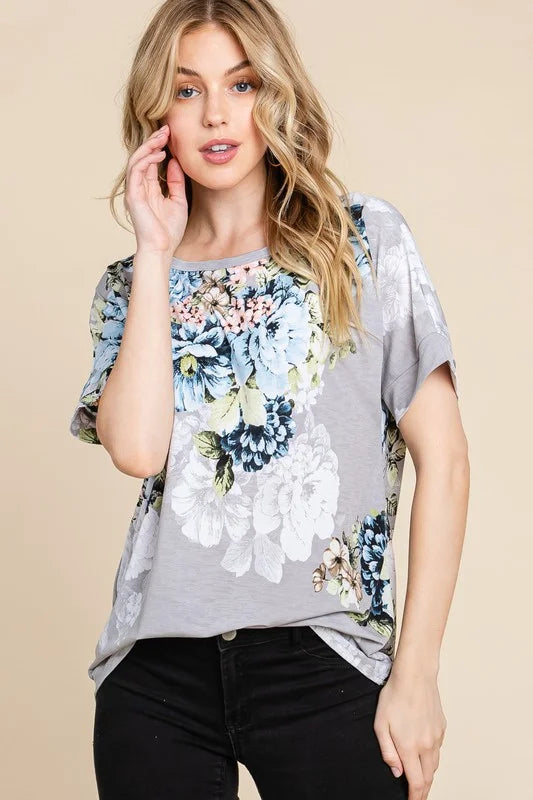 BOMBOM Floral Round Neck Short Sleeve T-Shirt - Light Gray / S