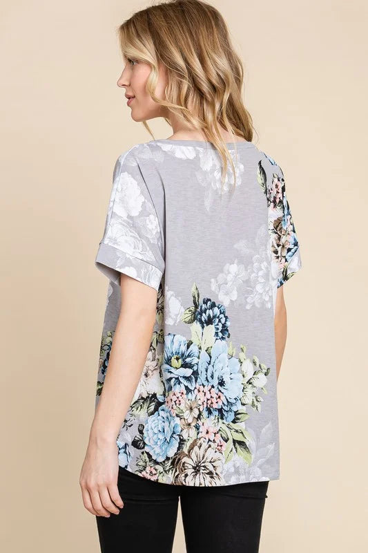 BOMBOM Floral Round Neck Short Sleeve T-Shirt - Light Gray / S