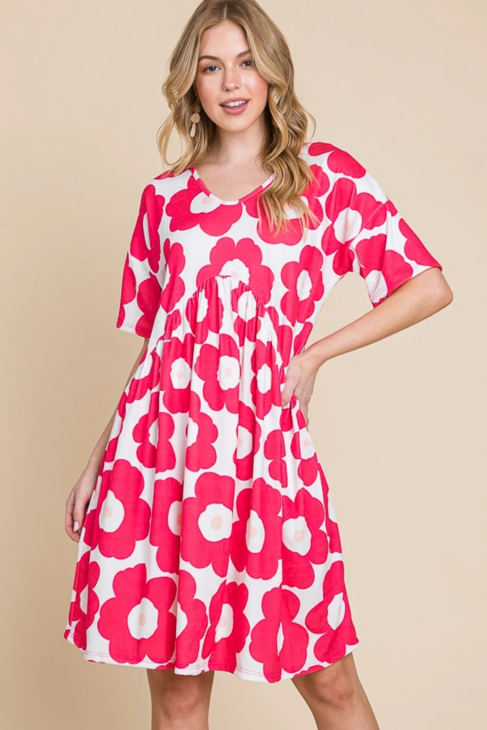 BOMBOM Flower Print Ruched Dress - Fuchsia / S
