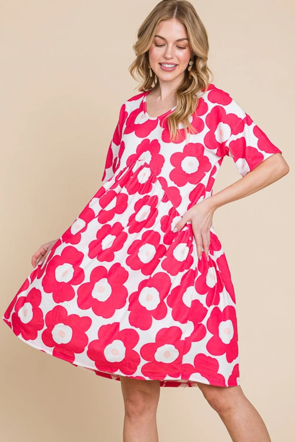 BOMBOM Flower Print Ruched Dress - Fuchsia / S
