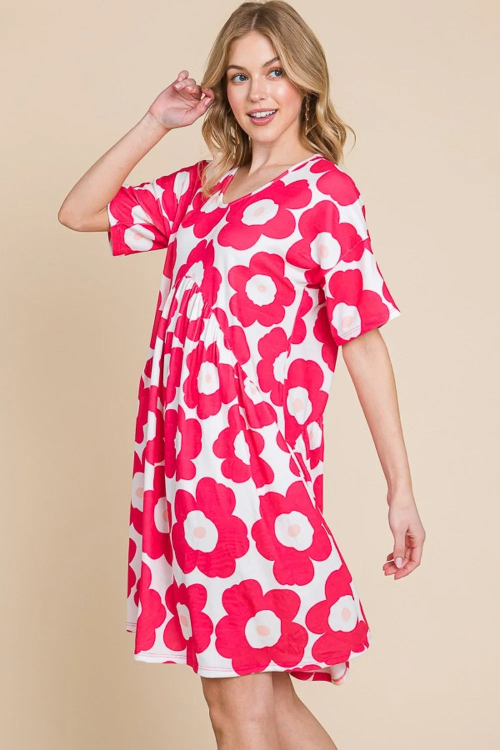 BOMBOM Flower Print Ruched Dress - Fuchsia / S