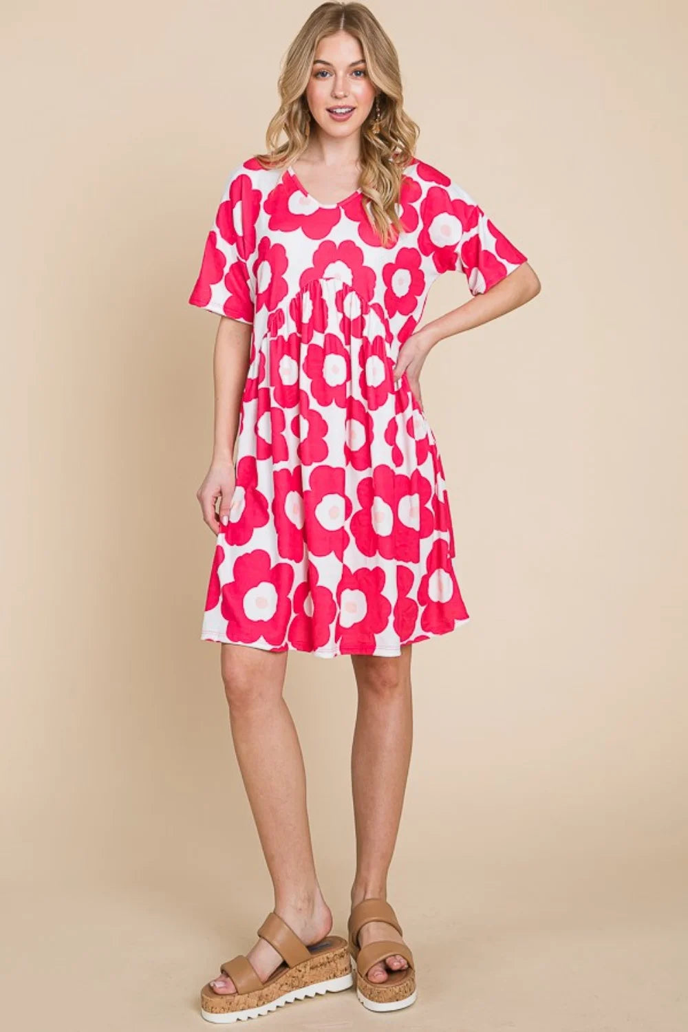 BOMBOM Flower Print Ruched Dress - Fuchsia / S