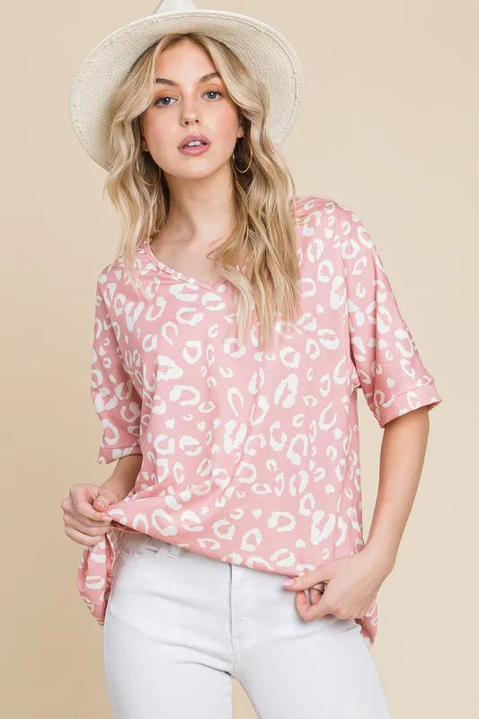 BOMBOM Loose Fit Animal Print Soft Knit Top - BLUSH / S