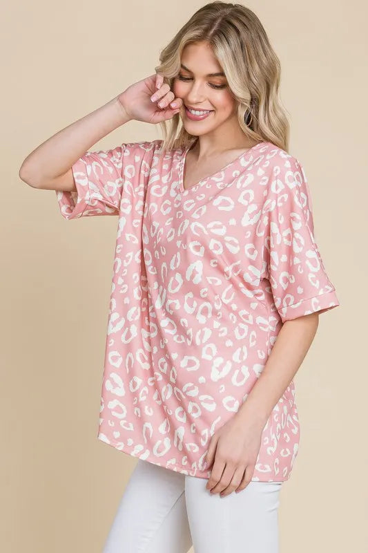 BOMBOM Loose Fit Animal Print Soft Knit Top - BLUSH / S