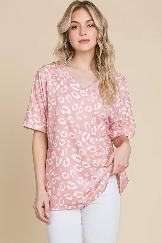 BOMBOM Loose Fit Animal Print Soft Knit Top - BLUSH / S