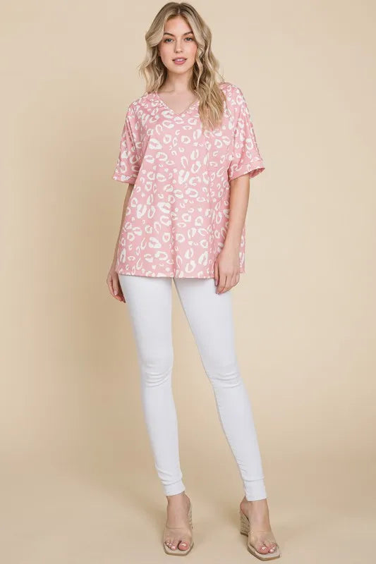 BOMBOM Loose Fit Animal Print Soft Knit Top - BLUSH / S