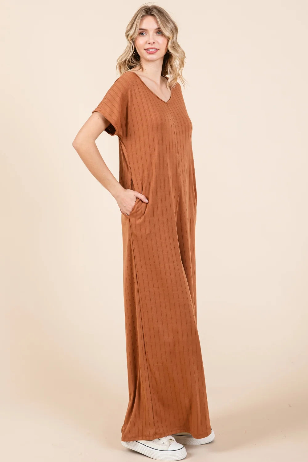 BOMBOM Ribbed Short Sleeve Wide Leg Jumpsuit - Camel / S