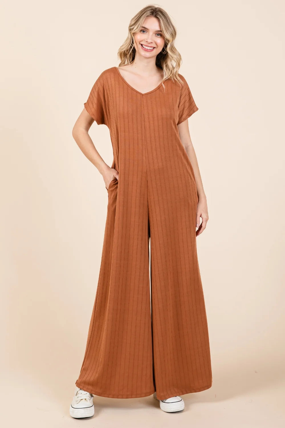 BOMBOM Ribbed Short Sleeve Wide Leg Jumpsuit - Camel / S