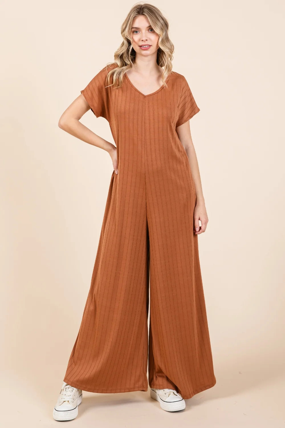 BOMBOM Ribbed Short Sleeve Wide Leg Jumpsuit - Camel / S