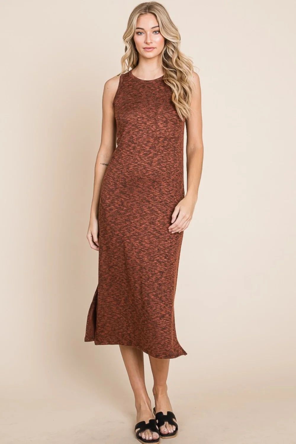 BOMBOM Slit Round Neck Sleeveless Midi Dress - Rust / S