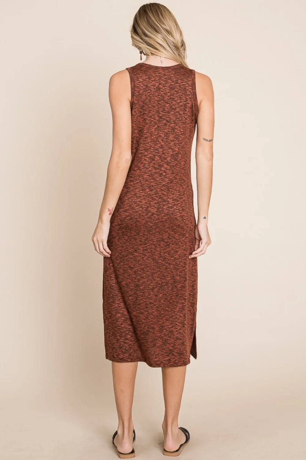 BOMBOM Slit Round Neck Sleeveless Midi Dress - Rust / S