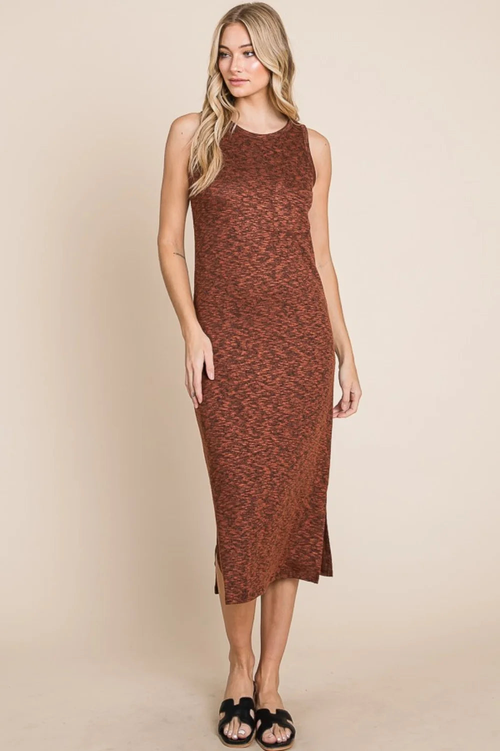 BOMBOM Slit Round Neck Sleeveless Midi Dress - Rust / S