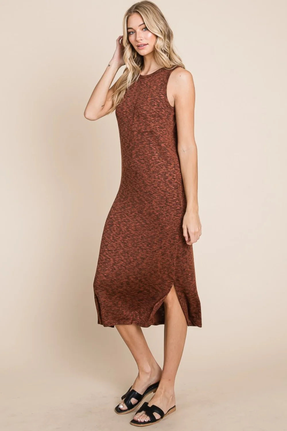 BOMBOM Slit Round Neck Sleeveless Midi Dress - Rust / S