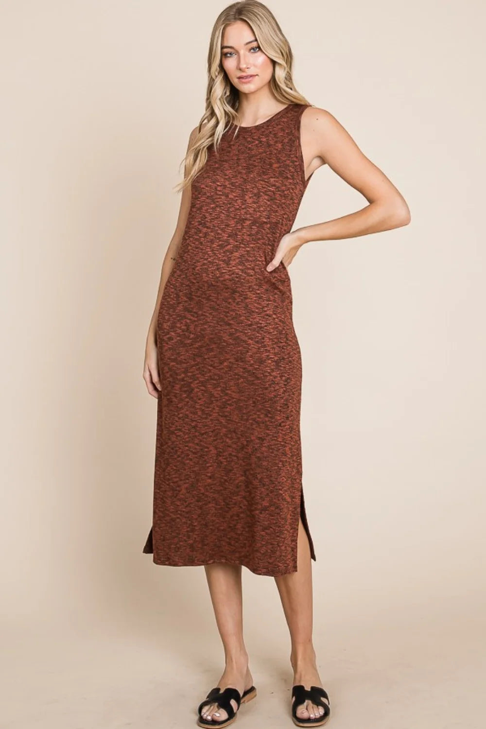 BOMBOM Slit Round Neck Sleeveless Midi Dress - Rust / S