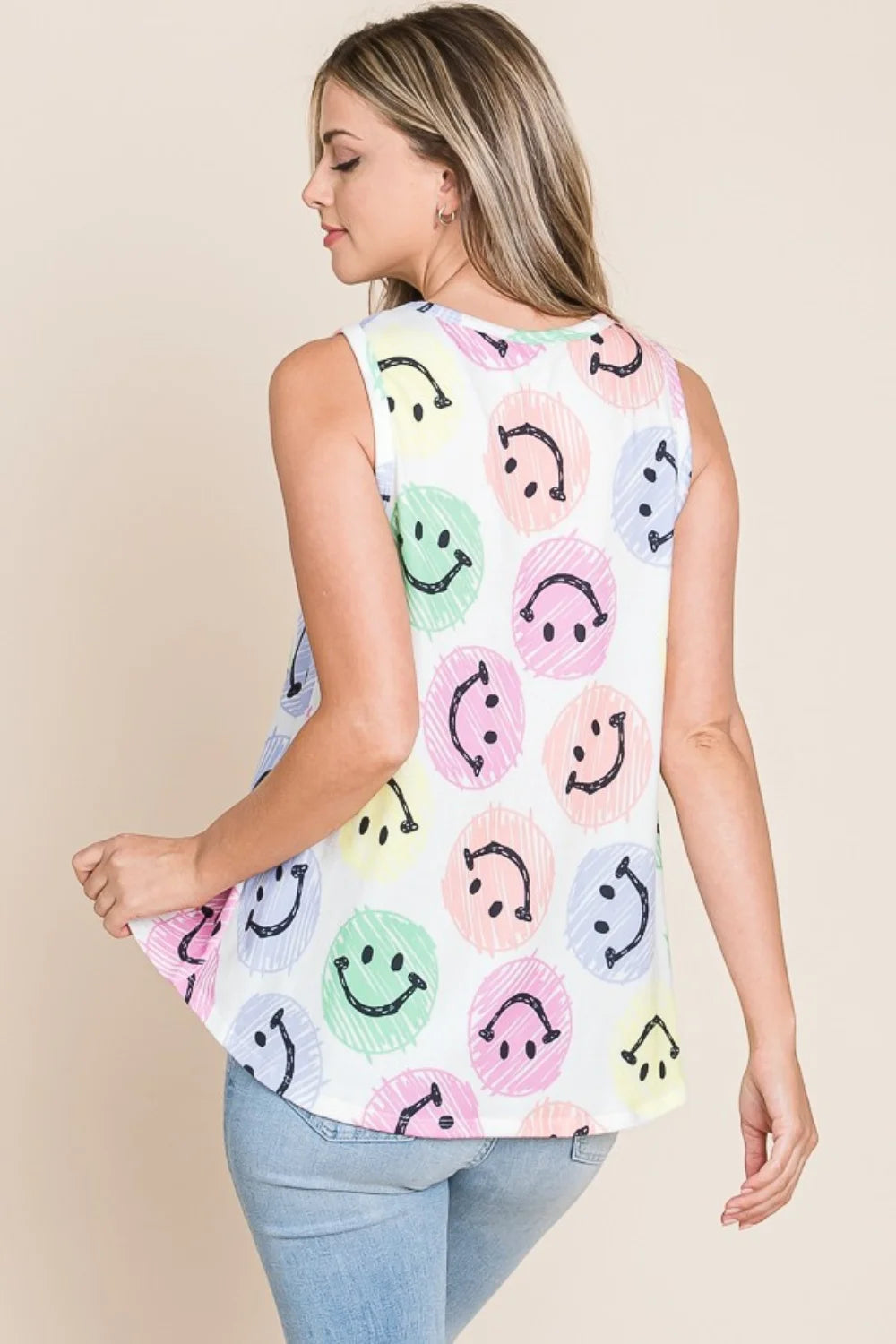 BOMBOM Smiley Face Round Neck Tank - Ivory / S