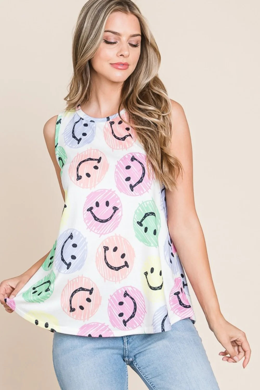 BOMBOM Smiley Face Round Neck Tank - Ivory / S