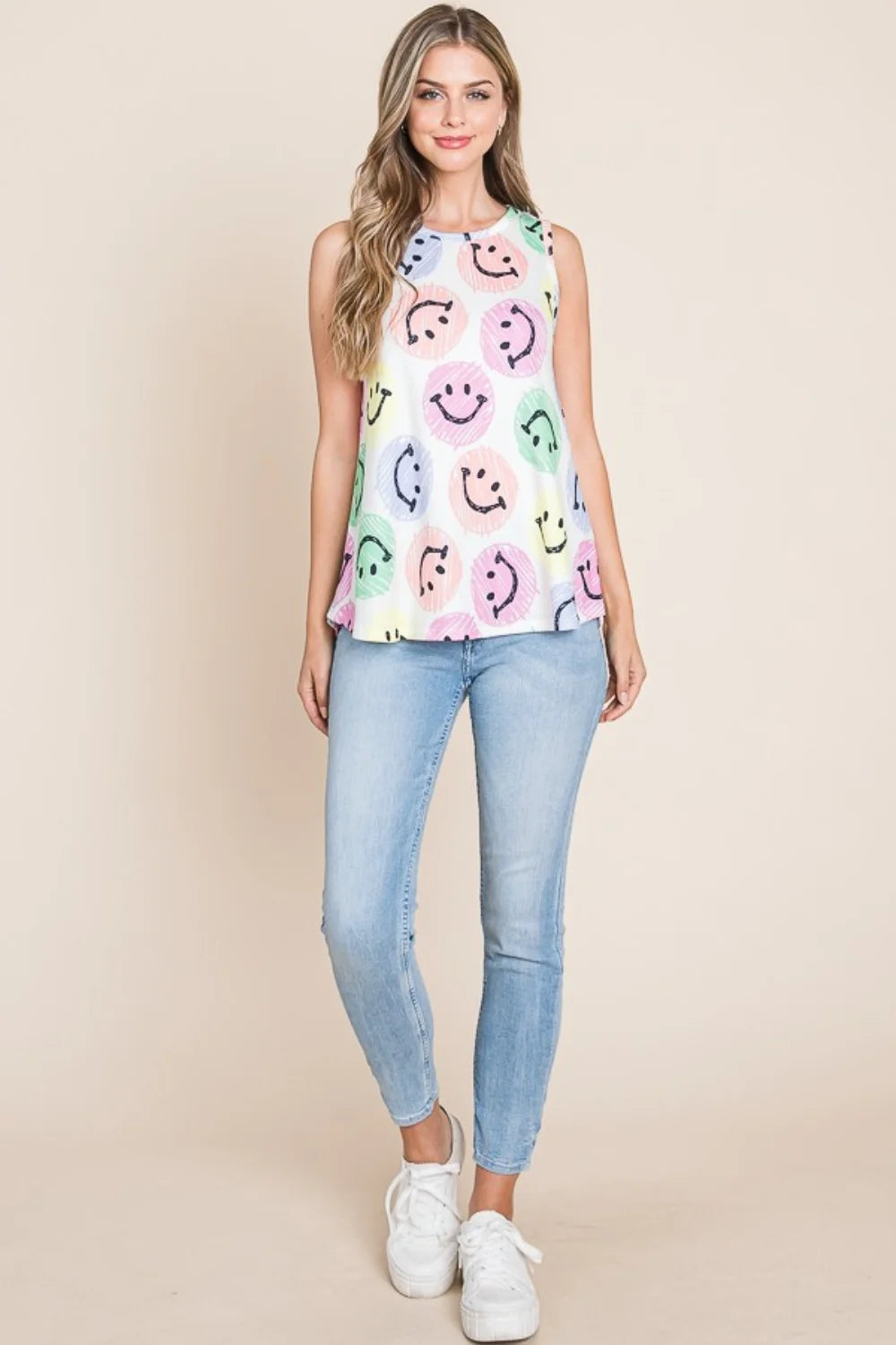 BOMBOM Smiley Face Round Neck Tank - Ivory / S