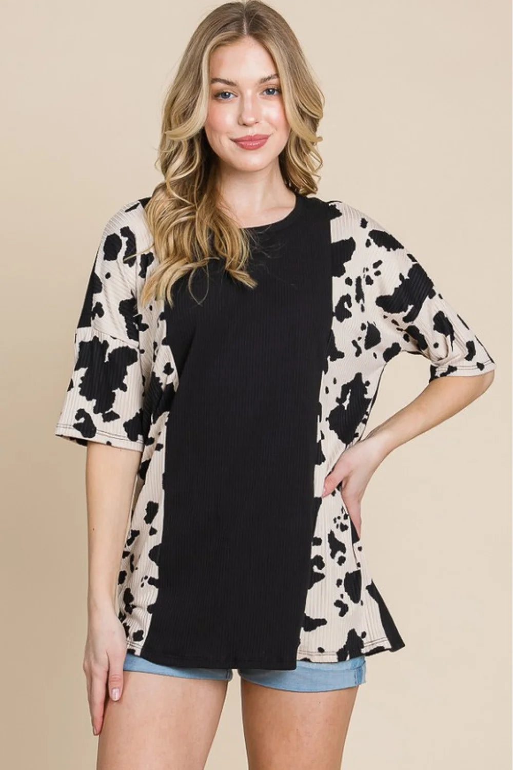 BOMBOM Rodeo Love Ribbed Animal Contrast Tee - Black / S