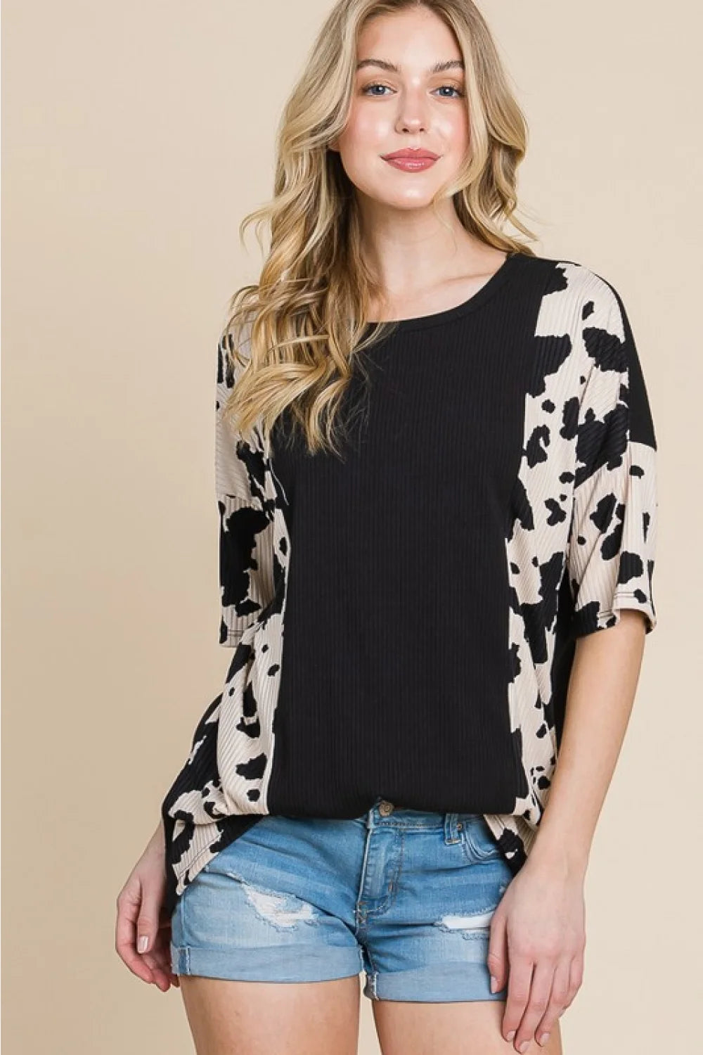 BOMBOM Rodeo Love Ribbed Animal Contrast Tee - Black / S