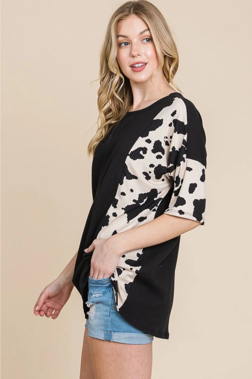 BOMBOM Rodeo Love Ribbed Animal Contrast Tee - Black / S