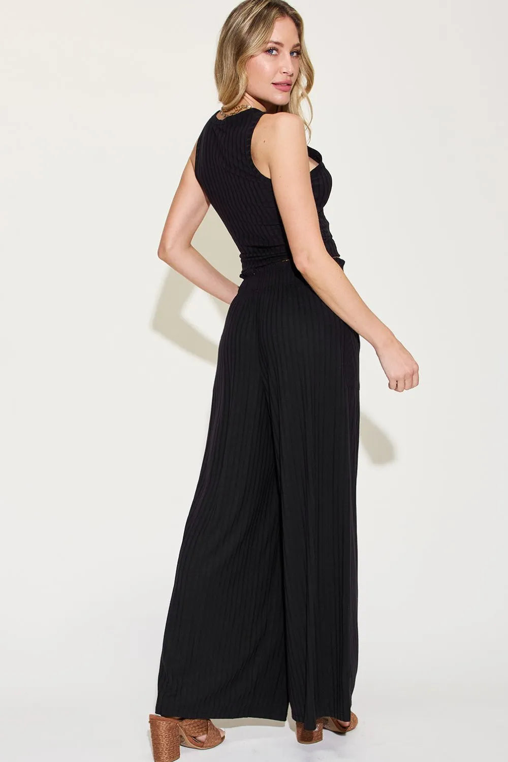 Basic Bae Full Size Ribbed Tank and Wide Leg Pants Set - Gray / S
