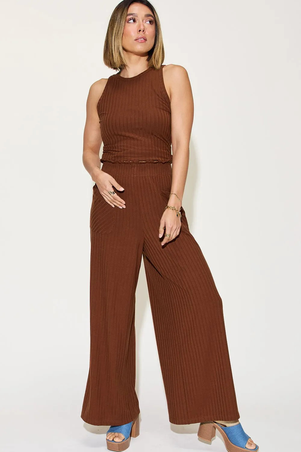 Basic Bae Full Size Ribbed Tank and Wide Leg Pants Set - Gray / S