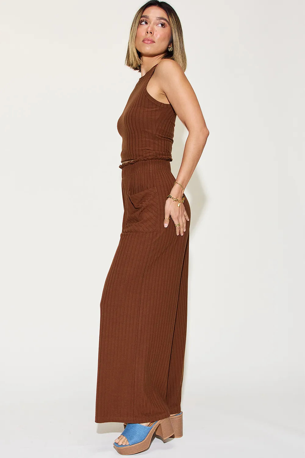 Basic Bae Full Size Ribbed Tank and Wide Leg Pants Set - Gray / S