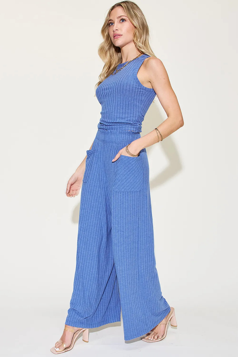 Basic Bae Full Size Ribbed Tank and Wide Leg Pants Set - Gray / S