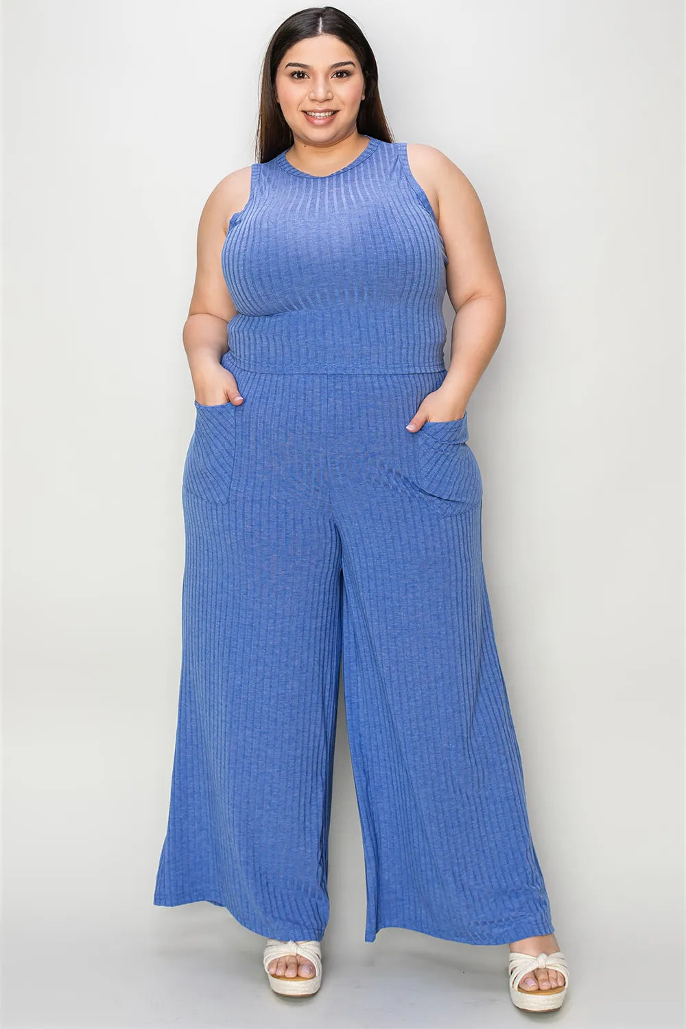 Basic Bae Full Size Ribbed Tank and Wide Leg Pants Set - Gray / S