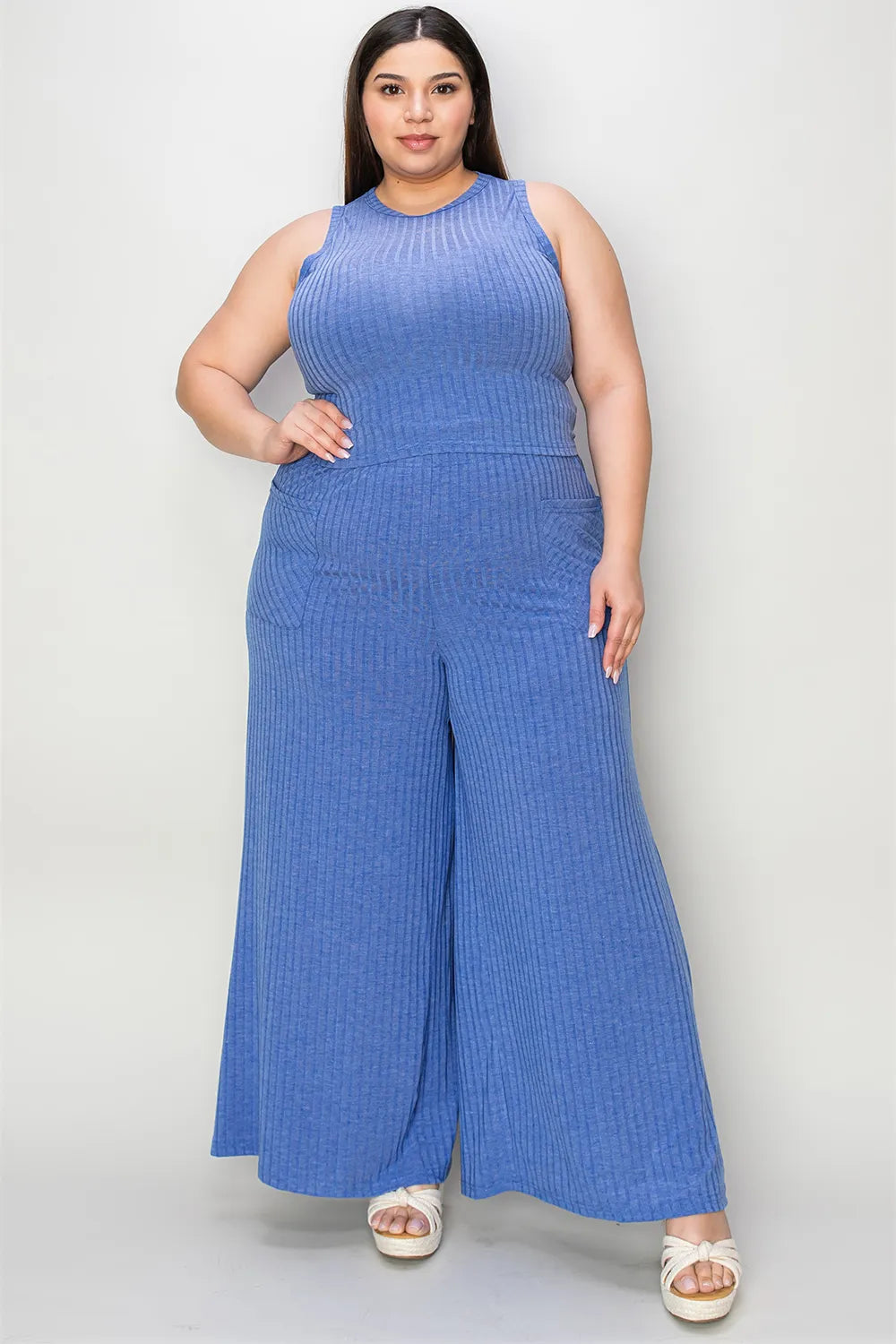 Basic Bae Full Size Ribbed Tank and Wide Leg Pants Set - Gray / S